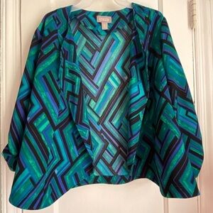 Chicos Open Blazer Jacket 3/4 Roll Tab Sleeves Size 2 Blue Green Purple Tones